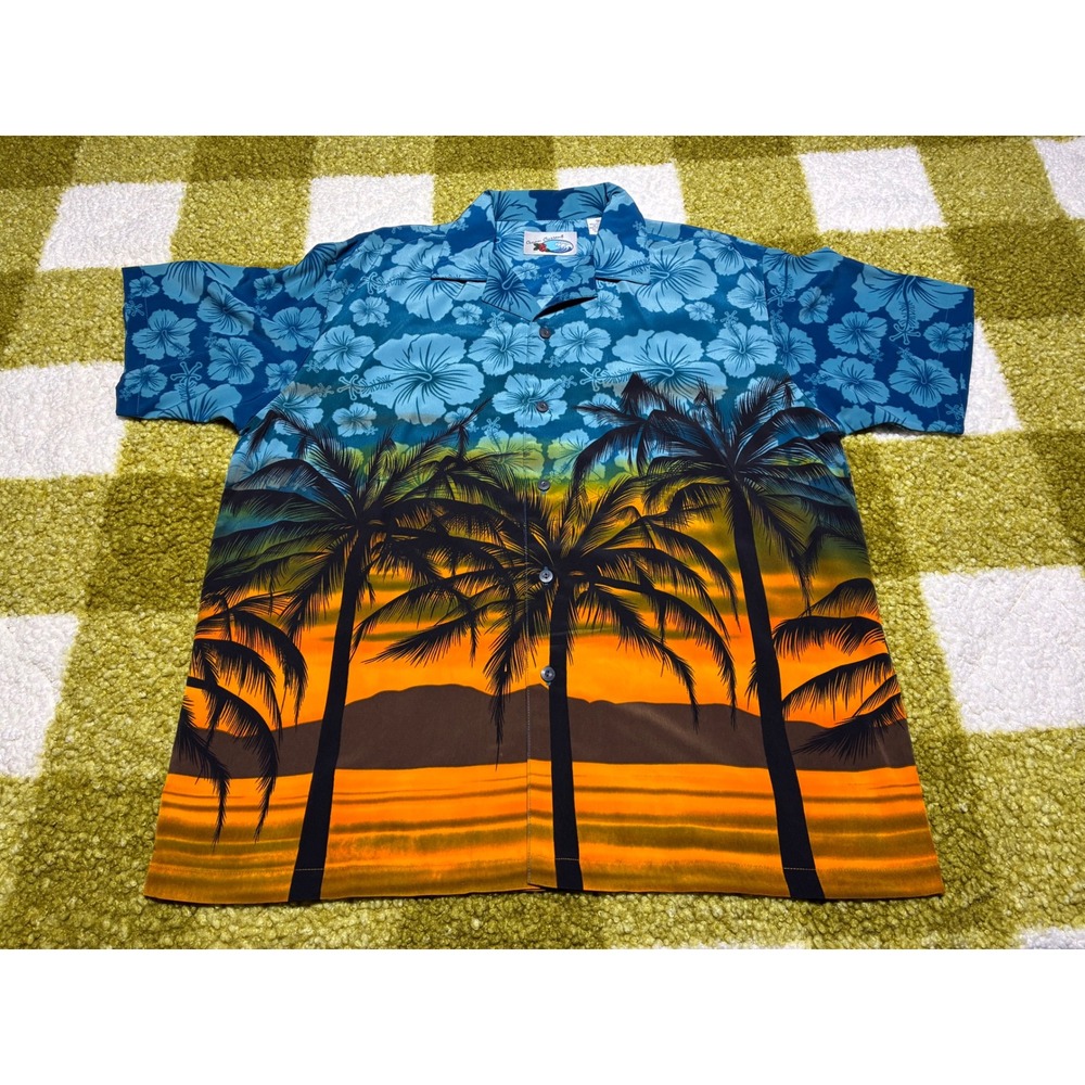 Ocean Current Mens Medium Blue Tropical Palm Tree Sunset Hibiscus Hawaiian Shirt